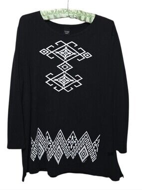Sabaku Artwear Black White Geometric Cotton Tunic USA 3/4 Sleeves Lagenlook Med